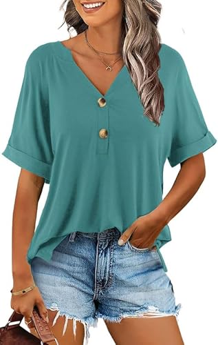 Ritiriko Damen Sommer Elegant Tunika Tops Kurzarm Oberteile Casual Bluse Lässig V-Ausschnitt Lässig Blusen mit Reverskragen Basic Tshirt Blau 2XL von Ritiriko