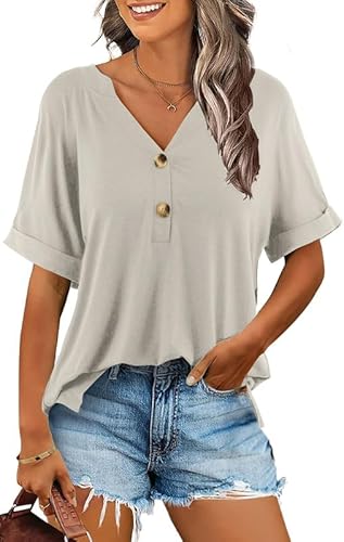 Ritiriko Damen Sommer Elegant Tunika Tops Kurzarm Oberteile Casual Bluse Lässig V-Ausschnitt Lässig Blusen mit Reverskragen Basic Tshirt Den Grauen L von Ritiriko