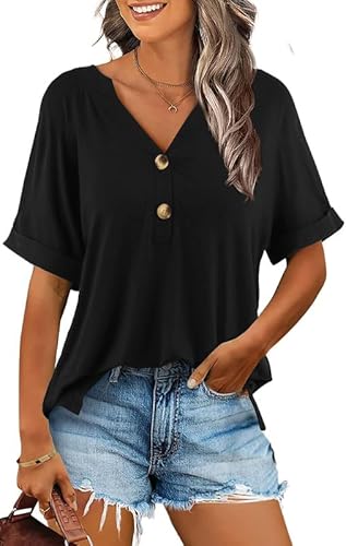 Ritiriko Damen Sommer Elegant Tunika Tops Kurzarm Oberteile Casual Bluse Lässig V-Ausschnitt Lässig Blusen mit Reverskragen Basic Tshirt Den Schwarz S von Ritiriko