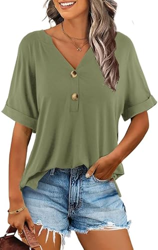 Ritiriko Damen Sommer Elegant Tunika Tops Kurzarm Oberteile Casual Bluse Lässig V-Ausschnitt Lässig Blusen mit Reverskragen Basic Tshirt Grün XL von Ritiriko
