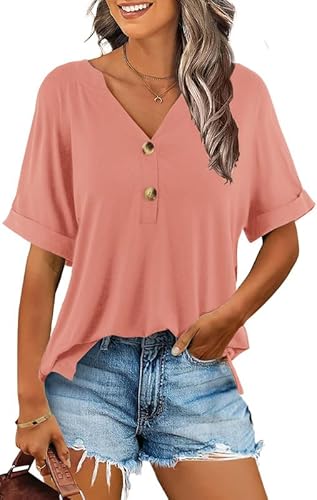 Ritiriko Damen Sommer Elegant Tunika Tops Kurzarm Oberteile Casual Bluse Lässig V-Ausschnitt Lässig Blusen mit Reverskragen Basic Tshirt Korallenrosa S von Ritiriko