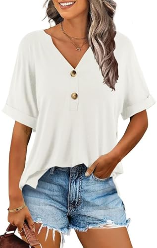 Ritiriko Damen Sommer Elegant Tunika Tops Kurzarm Oberteile Casual Bluse Lässig V-Ausschnitt Lässig Blusen mit Reverskragen Basic Tshirt Weib S von Ritiriko