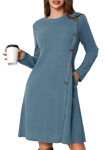 Ritiriko Damen Strickkleid Dekorative Knöpfe Langarm Herbst Winter Kleid Pulloverkleid A Linien Pulloverkleid Kleider mit Taschen Blau 2XL von Ritiriko