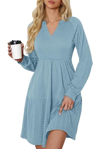 Ritiriko Damen Strickkleid Langarm V-Ausschnitt Pulloverkleid Elegant Knielang Herbstkleid Casual Gestrickt Kleid Herbst Winter A Linien mit Taschen Blau XL von Ritiriko