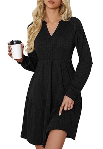 Ritiriko Damen Strickkleid Langarm V-Ausschnitt Pulloverkleid Elegant Knielang Herbstkleid Casual Gestrickt Kleid Herbst Winter A Linien mit Taschen Schwarz L von Ritiriko