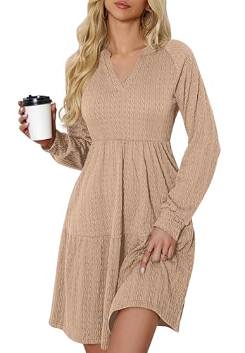 Ritiriko Damen Strickkleid Pulloverkleid A-Linie mit Taschen Winterkleider Langarm Einfarbige V Ausschnitt Minikleid Winter Aprikose 2XL von Ritiriko