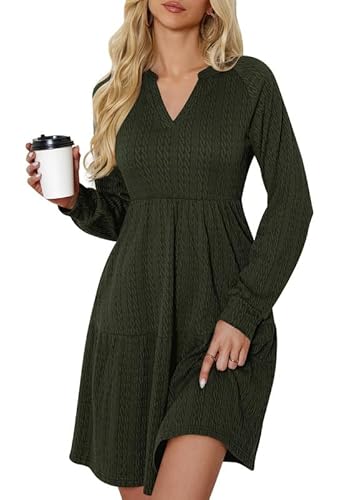 Ritiriko Damen Strickkleid V Ausschnitt Langarm Pulloverkleid Strickpulli Lässig Sweater Tunika Knit Mini Dress mit Taschen Grün L von Ritiriko