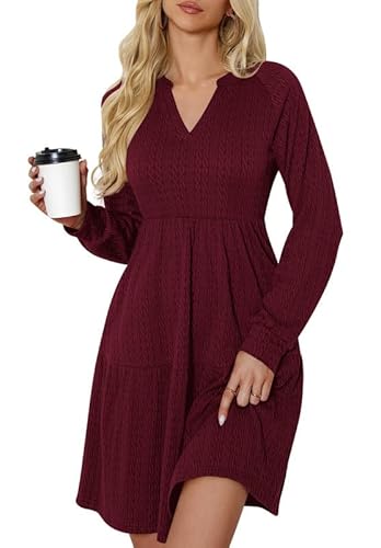 Ritiriko Damen Strickkleider Elegant Knielang V-Ausschnitt Langarm Rundhals Herbstkleid Casual Gestrickt A Linien Einfarbig Kleid Weihnachtskleid Rot XL von Ritiriko