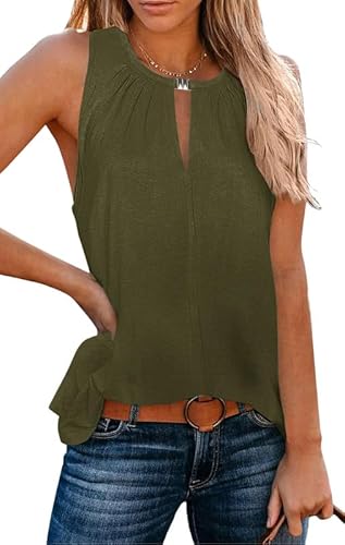 Ritiriko Damen V-Ausschnitt Tank Top Brustausschnitt Basic Elegantes Ärmelloses Shirt Lässig Leicht und Luftig Sommer Weste Army Grün-M von Ritiriko