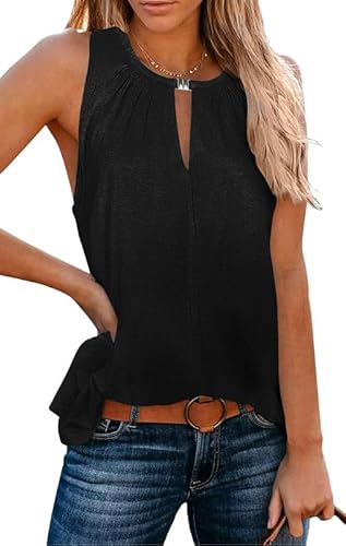 Ritiriko Damen V-Ausschnitt Tank Top Brustausschnitt Basic Elegantes Ärmelloses Shirt Lässig Leichtes Fließendes Sommer Tank Top Schwarz-S von Ritiriko