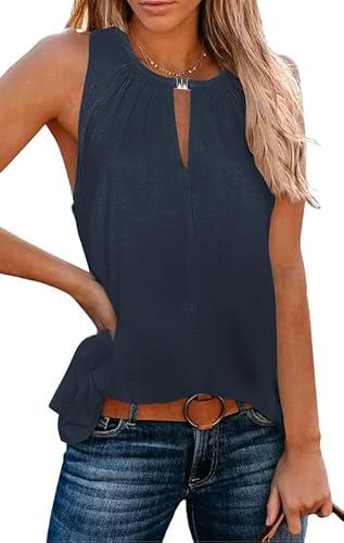 Ritiriko Damen V-Ausschnitt Tank Top Brustausschnitt Basic Elegantes Ärmelloses Shirt Leichte und luftige Sommerweste Navy-L von Ritiriko