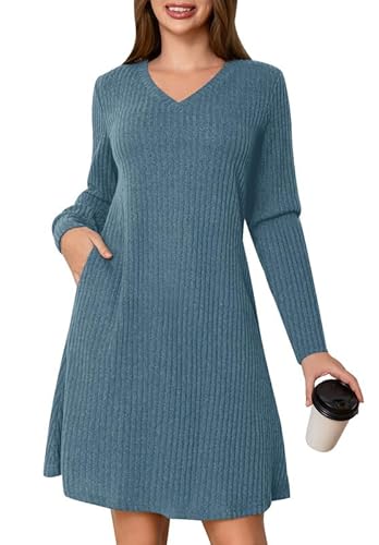 Ritiriko Damenkleider 2025 Langarm V Hals Casual A-Line Swing Strick Babydoll Kleid Materity Kleid Hochzeit Gast Blau XL von Ritiriko