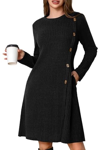 Ritiriko Herbst Kleider Damen Pulloverkleid für Langarmkleid Damen Knopf Lässiges Tunikakleid mit Taschen Rundhals Strickkleid Damen Herbst Schwarz 2XL von Ritiriko