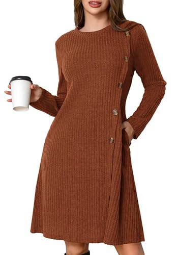 Ritiriko Herbst Kleider Damen Pulloverkleid für Langarmkleid Damen Knopf Lässiges Tunikakleid mit Taschen Strickkleid Damen Herbst Zuckercouleur M von Ritiriko