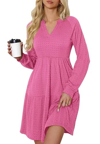 Ritiriko Herbstkleid Damen Strickkleid A-Linie mit Taschen V-Ausschnitt Freizeitkleid Langarm Shortkleid Winter Langarmkleid Rosa M von Ritiriko