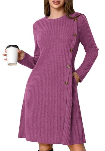 Ritiriko Kleid Langarm Damen Strickkleid A-Linie Pulloverkleid Langarm Winterkleid Freizeitkleid Kurz Kleider Rundhals mit Taschen Lila M von Ritiriko