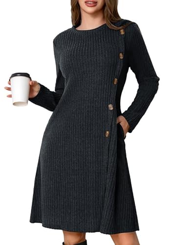 Ritiriko Kleider für Damen Langarm Pulloverkleid Frauen A-Linie Freizeitkleid Herbst und Winter mit Taschen Grau L von Ritiriko