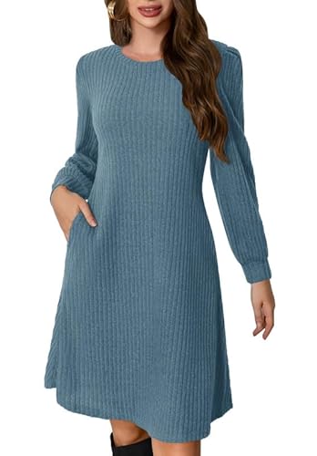 Ritiriko Langarmpullover Kleider Crew Nacken Damen Herbstkleider mit Taschen A-Line-Kleider für Damen Blau L von Ritiriko