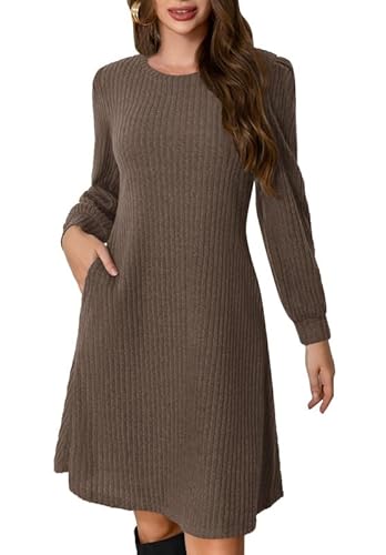 Ritiriko Leichtes Gestricktes Kleid für Damen Puff Langarm Winterkleid Knielange Lässige Pulloverkleid mit Taschen Braun M von Ritiriko