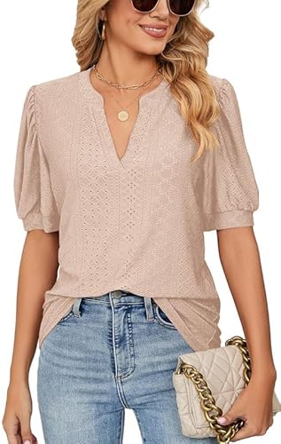 Ritiriko Mesh Atmungsaktive Damen V-Ausschnitt Tops Positive Schulter Bubble Sleeve Damen Kurzarm Shirt Sommer Mode Lose Casual T Shirt Apricot M von Ritiriko