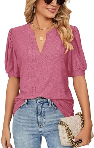 Ritiriko Mesh Atmungsaktive Damen V-Ausschnitt Tops Positive Schulter Bubble Sleeve Damen Kurzarm Shirt Sommer Mode Lose Casual T Shirt Rosa M von Ritiriko