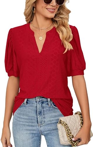 Ritiriko Mesh Atmungsaktive Damen V-Ausschnitt Tops Positive Schulter Bubble Sleeve Damen Kurzarm Shirt Sommer Mode Lose Casual T Shirt Rot M von Ritiriko