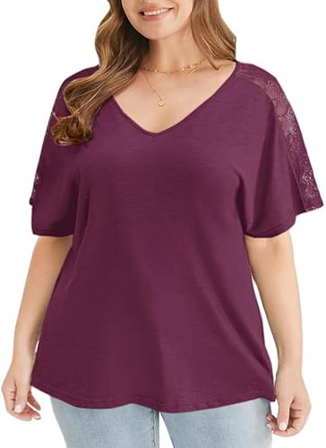 Ritiriko Plus Größe Damen Tops Elegant Hollow Out Spitze Kurzarm Tops Sommer Locker V Hals Damen T Shirt Deep Purple 2XL von Ritiriko