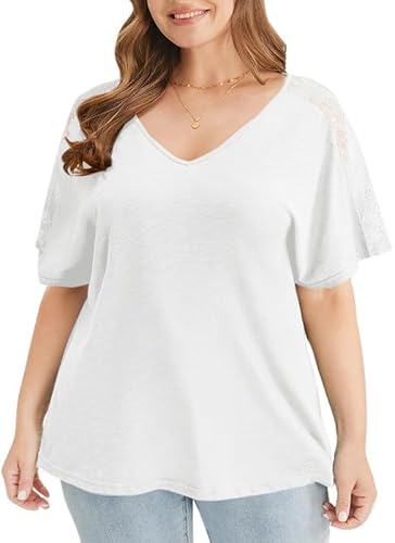 Ritiriko Plus Größe Damen Tops Elegant Hollow Out Spitze Kurzarm Tops Sommer Lose V Hals Damen T Shirt Beige 2XL von Ritiriko