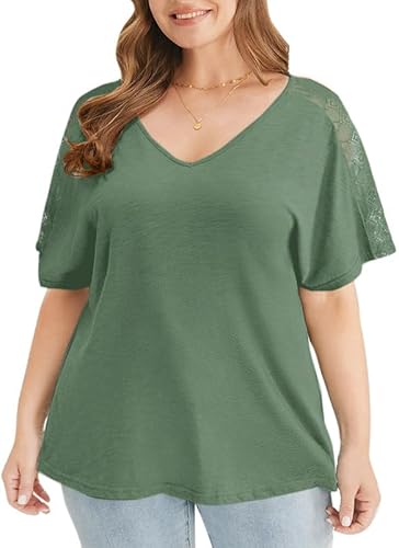 Ritiriko Plus Größe Damen Tops Elegant Hollow Out Spitze Kurzarm Tops Sommer Lose V Hals Damen T Shirt Bohne Grün XL von Ritiriko