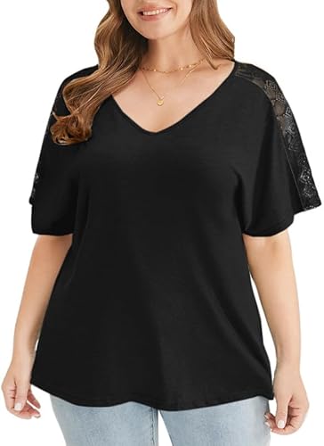 Ritiriko Plus Größe Damen Tops Elegant Hollow Out Spitze Kurzarm Tops Sommer Lose V Hals Damen T Shirt Schwarz 2XL von Ritiriko