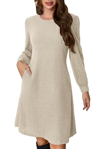Ritiriko Pullover Kleid für Damen 2025 Trendy Crew Neck Damen lässig Herbst Langarm Kleid mit Taschen Aprikose 2XL von Ritiriko