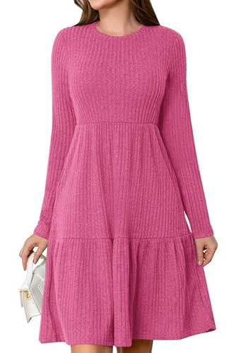 Ritiriko Pullover Kleider für Damen Winter Crewneck Langarm Herbst Tunika Knie Länge Lässige Kleid Rose Red S von Ritiriko