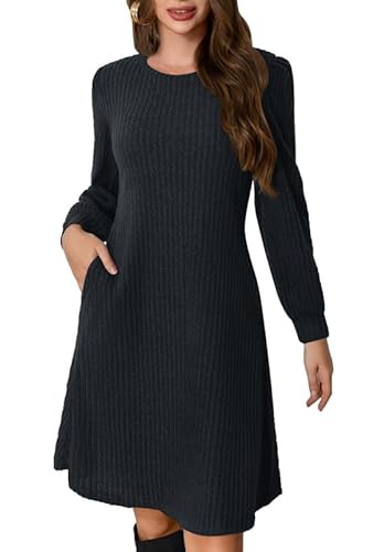 Ritiriko Strick Pulloverkleid mit Taschen Langarm Runden Halsknie Länge Winter Freizeitkleid für Damen 2025 Dunkelgrau L von Ritiriko