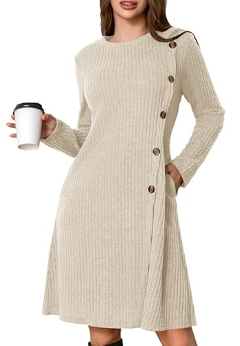Ritiriko Strickkleid Damen Herbstkleid Winterkleid Langarm Rundhals Elegant Pullover Kleid für Herbst Winter A-Linien Knopf mit Taschen Aprikose M von Ritiriko