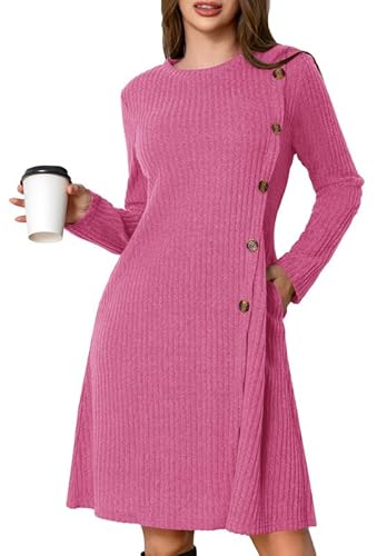 Ritiriko Strickkleid Damen Herbstkleid Winterkleid Langarm Rundhals Elegant Pullover Kleid für Herbst Winter A-Linien Knopf mit Taschen Rosenrot XL von Ritiriko