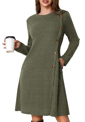 Ritiriko Strickkleid Damen Langarm Kleider Pulloverkleid für Damen Tunika Kleid Jumper Kleid mit Knöpfen und Taschen Grün M von Ritiriko