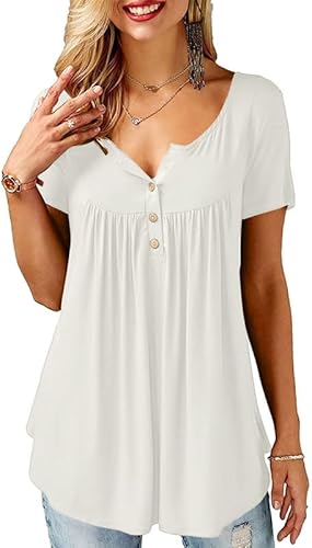 Ritiriko Tunika Damen V-Ausschnitt Button Up Front plissiert Mode Damen Shirt lose lässige Kurze Ärmel T Shirt Beige XL von Ritiriko