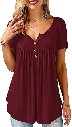 Ritiriko Tunika Damen V-Ausschnitt Button Up Front plissiert Mode Damen Shirt lose lässige Kurze Ärmel T Shirt Datum rot S von Ritiriko