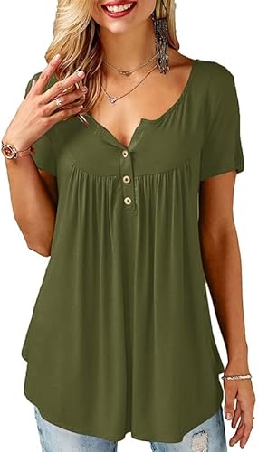 Ritiriko Tunika Damen V-Ausschnitt Button Up Front plissiert Mode Damen Shirt lose lässige Kurze Ärmel T Shirt Grün L von Ritiriko