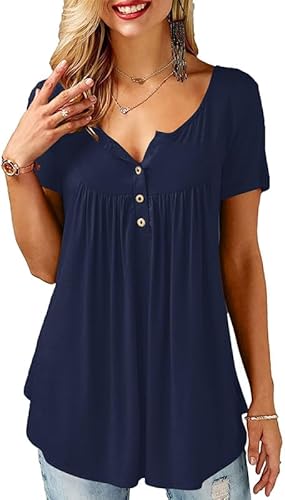 Ritiriko Tunika Damen V-Ausschnitt Button Up Front plissiert Mode Damen Shirt lose lässige Kurze Ärmel T Shirt dunkelblau Clash weiß L von Ritiriko