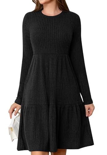 Ritiriko Tunika Pullover Kleid für Damen Puff Herbstkleid Langarm Kleider Runden Hals Im Winterstrickkleider Mit Taschen Schwarz XL von Ritiriko