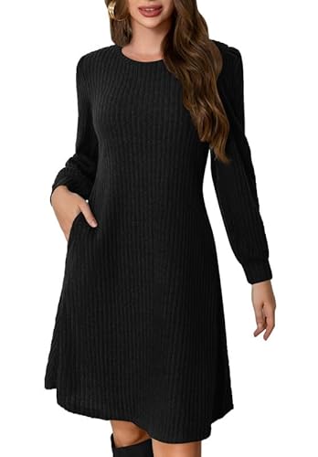 Ritiriko Tunika Pullover Kleid für Damen Puff Lang Ärmeln Kleider Rund Hals Winterstrickkleider Mit Taschen Schwarz M von Ritiriko