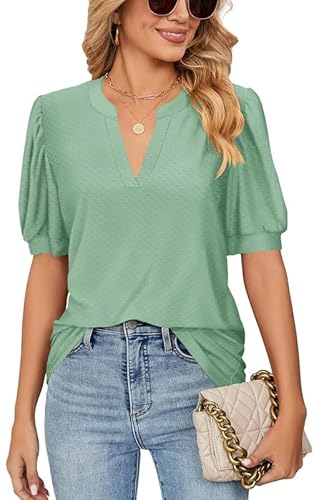 Ritiriko V-Ausschnitt Dot Sommer Damen T-Shirt Mode Blase Ärmel Damen Tops Elegant Solide Farbe Bluse Bohne Grün 2XL von Ritiriko