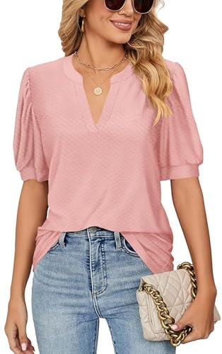 Ritiriko V-Ausschnitt Dot Sommer Damen T-Shirt Mode Blase Ärmel Damen Tops Elegant Solide Farbe Bluse Rosa S von Ritiriko
