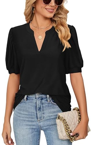 Ritiriko V-Ausschnitt Dot Sommer Damen T-Shirt Mode Blase Ärmel Damen Tops Elegant Solide Farbe Bluse Schwarz M von Ritiriko