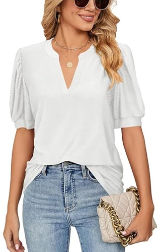Ritiriko V-Ausschnitt Dot Sommer Damen T-Shirt Mode Blase Ärmel Damen Tops Elegant Solide Farbe Bluse Weiß XL von Ritiriko