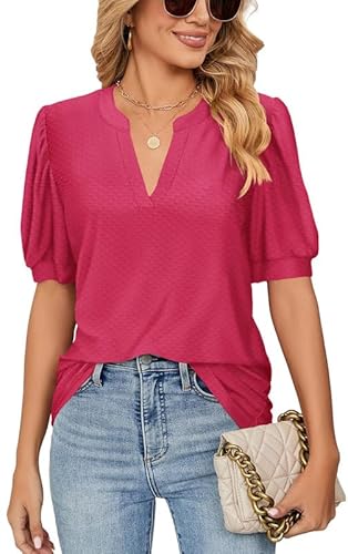 Ritiriko V-Ausschnitt Dot Sommer Damen T-Shirt Mode Blase Ärmel Damen Tops Elegante solide Farbe Bluse Rose rot XL von Ritiriko