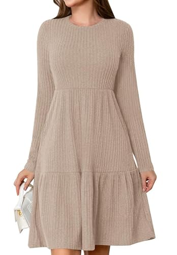 Ritiriko Winterkleider für Damen 2025 Lässige Lockere Babydoll Kleider Crewneck Stricken Kleider Mit Tasche Aprikose M von Ritiriko