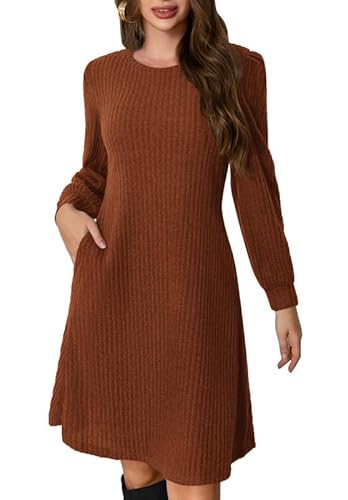 Ritiriko Womens Herbstkleid Puff Langarm Kleid mit Taschen knielange Kleider Mode Winter Babypuppenkleid Karamell S von Ritiriko