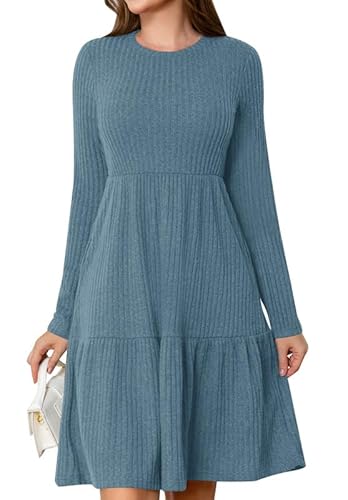 Ritiriko Womens Herbstkleider Mit Tasche Fließend Crewneck Langarm Imperium Taille Winterkleid für Damen Blau L von Ritiriko